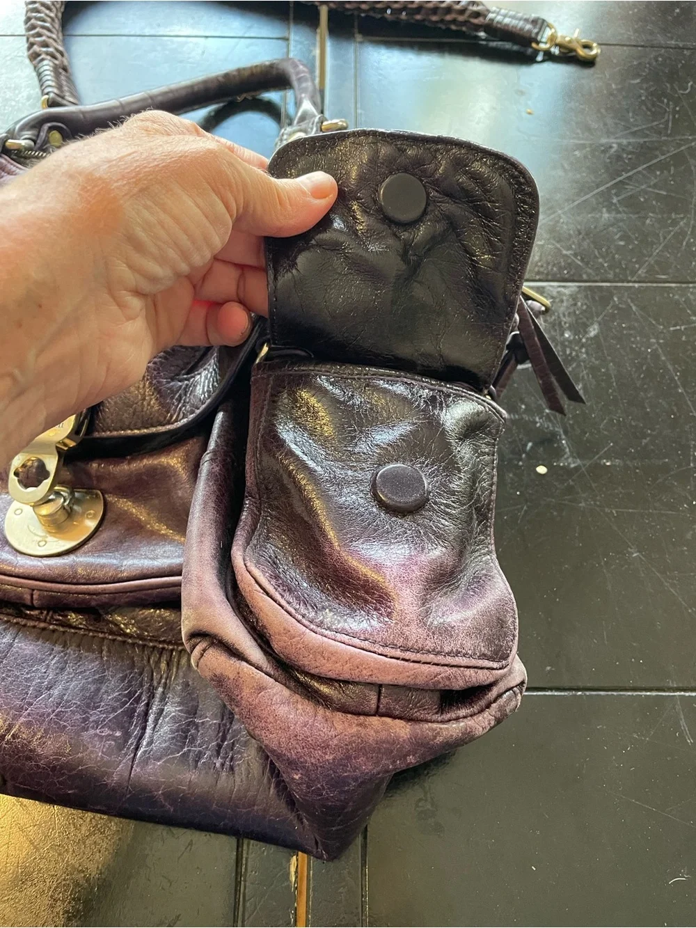 Plum Leather Satchel with Brass Accent Hardware